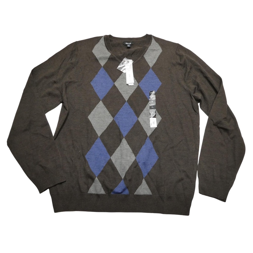 Apt 9 Sweater Mens XL Brown Merino Wool Blend Argyle V Neck Pullover Knit
